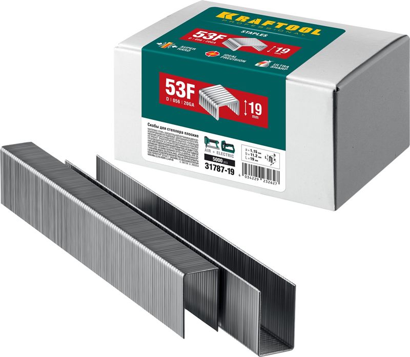 KRAFTOOL скобы тип 53F (D/056), 19 мм, калибр 23GA. 5000 шт (31787-19)